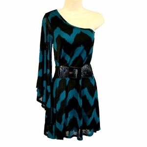 Milliore Dress One Shoulder Wide Belt Green Size S